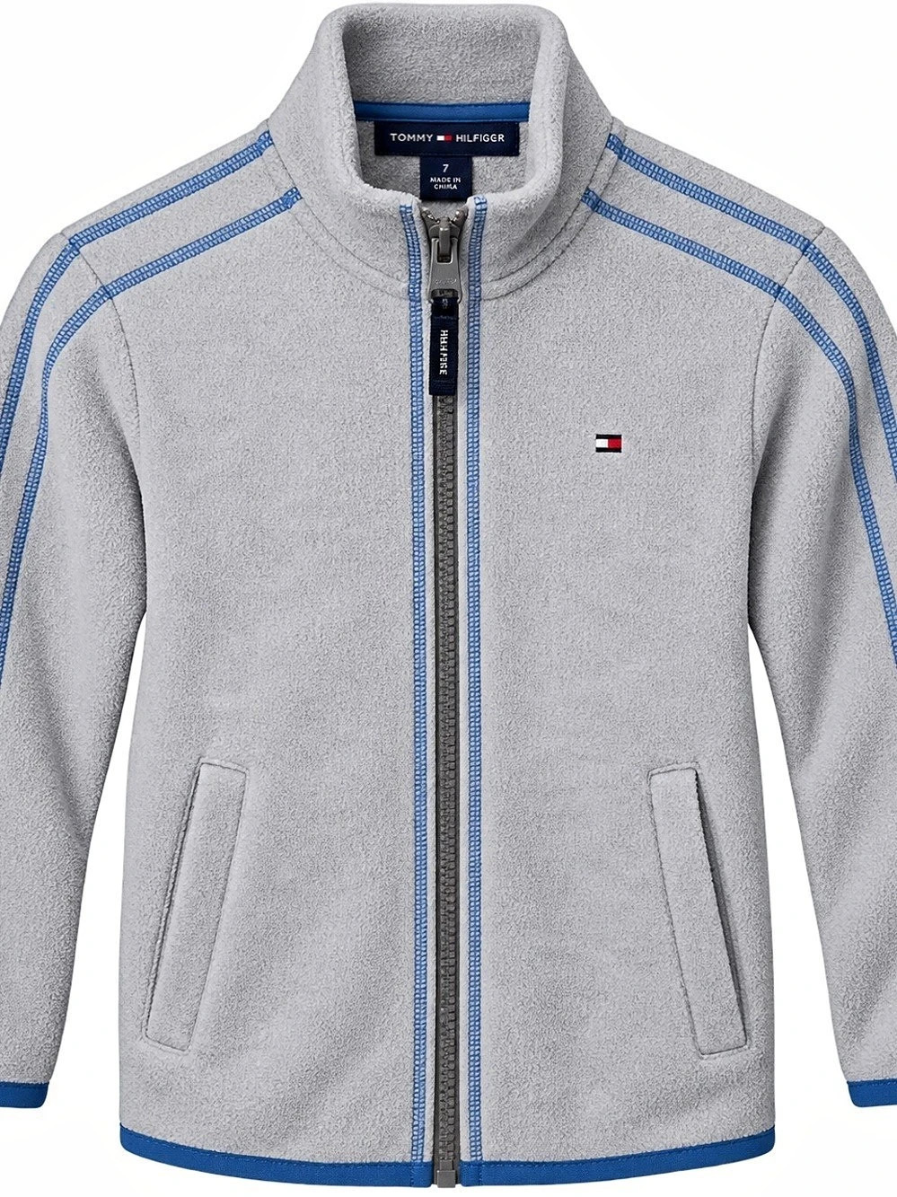 Tommy Hilfiger Boys Size 7 Grey Full Zip Fleece Jacket Blue Trim